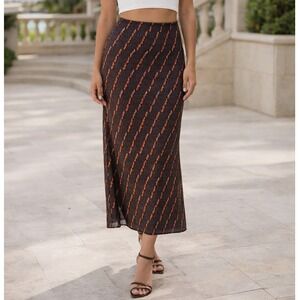INAMORATA Mesh Diagonal Print Midi Skirt Brown Orange Women's XXL